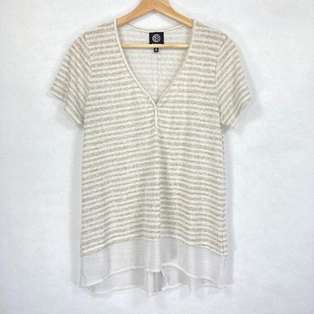 Bobeau Short Sleeve T-Shirt V-Neck Striped Neutral Boho Beach M